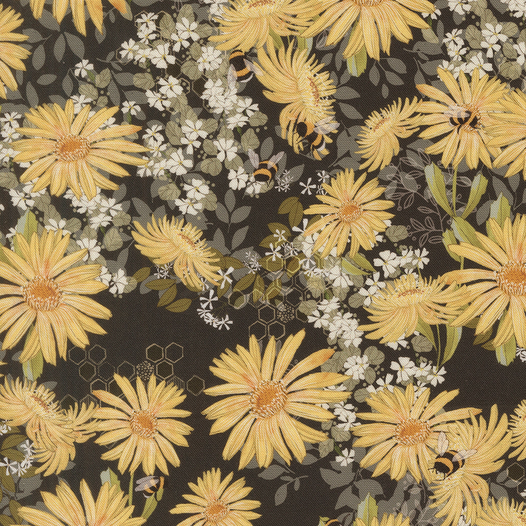 Pattern of yellow flowers and white blossoms on a dark background