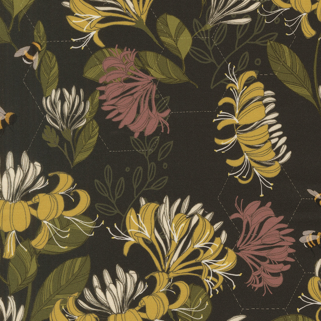 Floral pattern with flowers and bees on a dark background