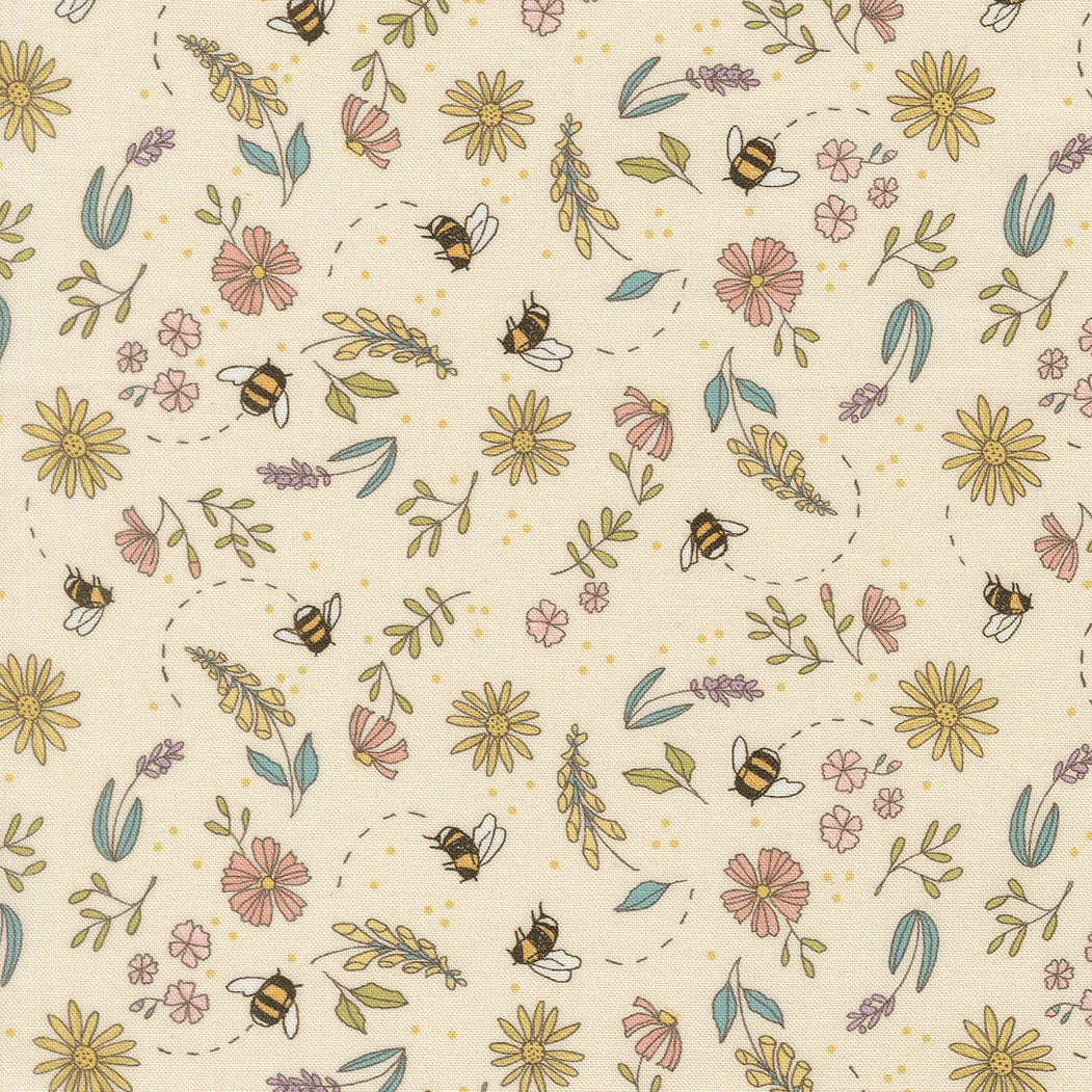 Pattern of bees and flowers on a beige background