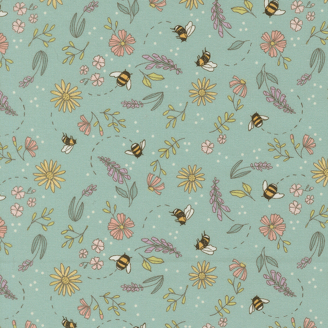 Blue background with bumble bees and pink/yellow flowers