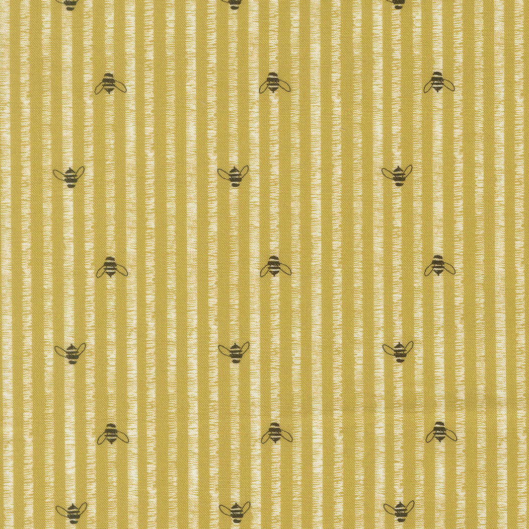 Pattern of bees on a striped background with a gold and white color scheme.