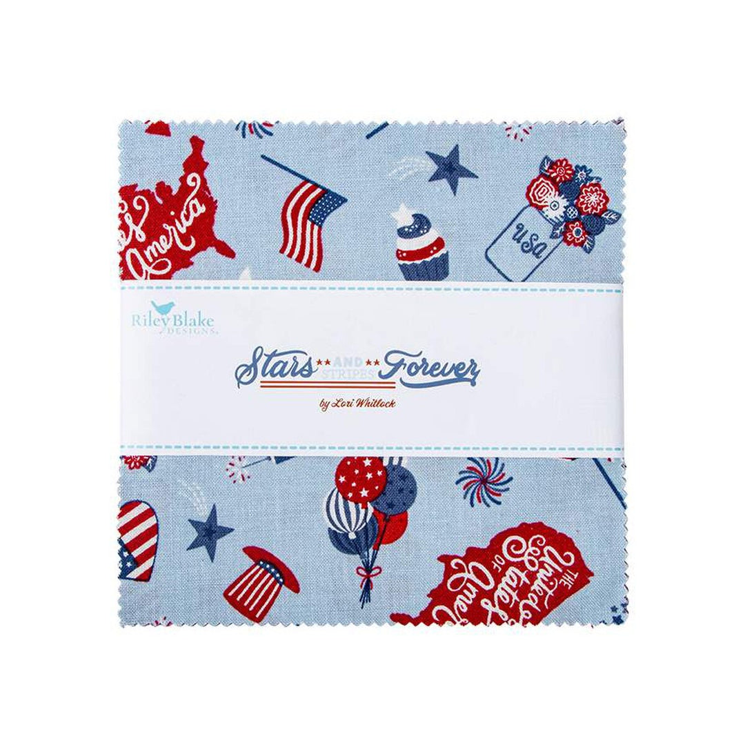 Fabric swatch with patriotic designs on a blue background