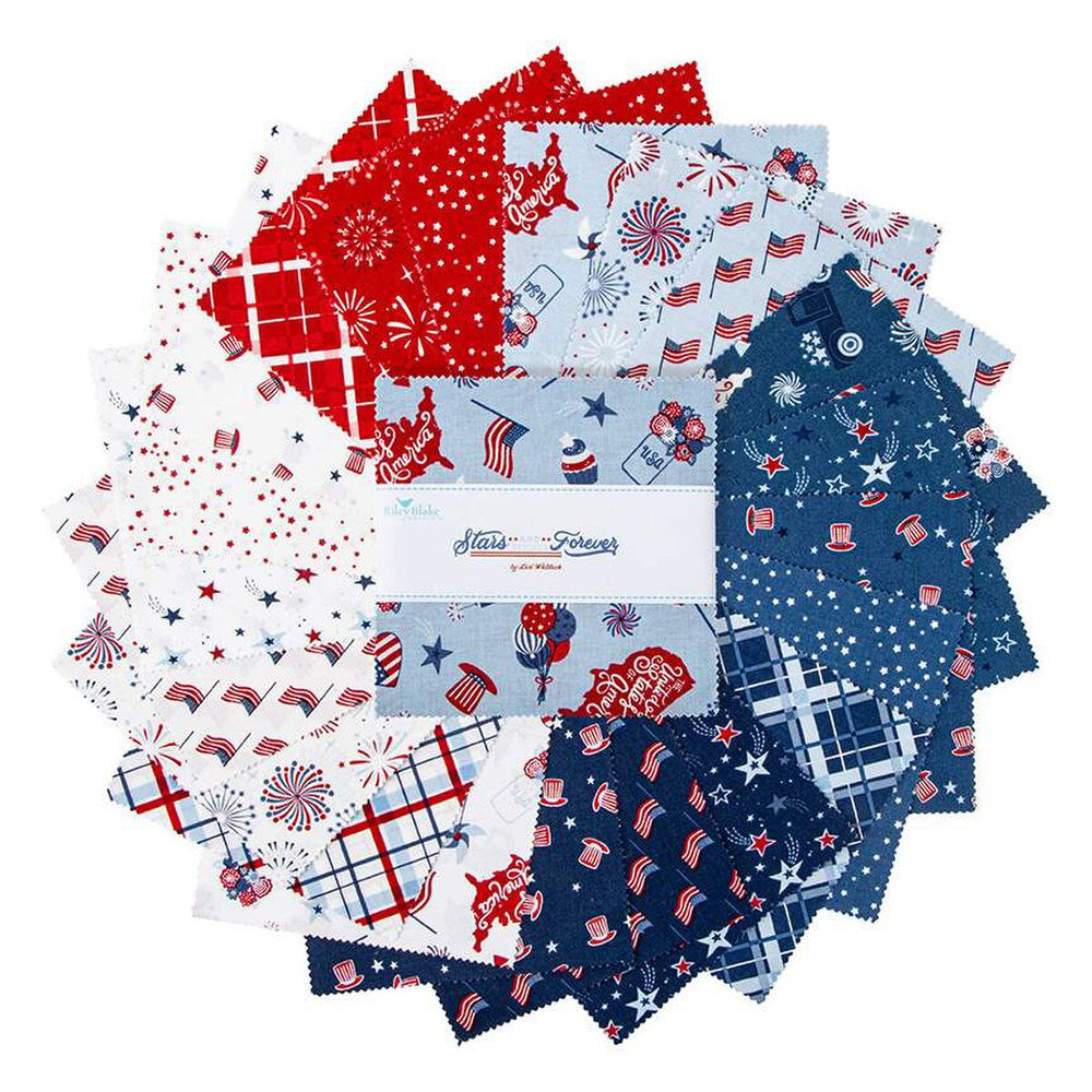 Collection of red, white, and blue fabric squares with patriotic patterns.