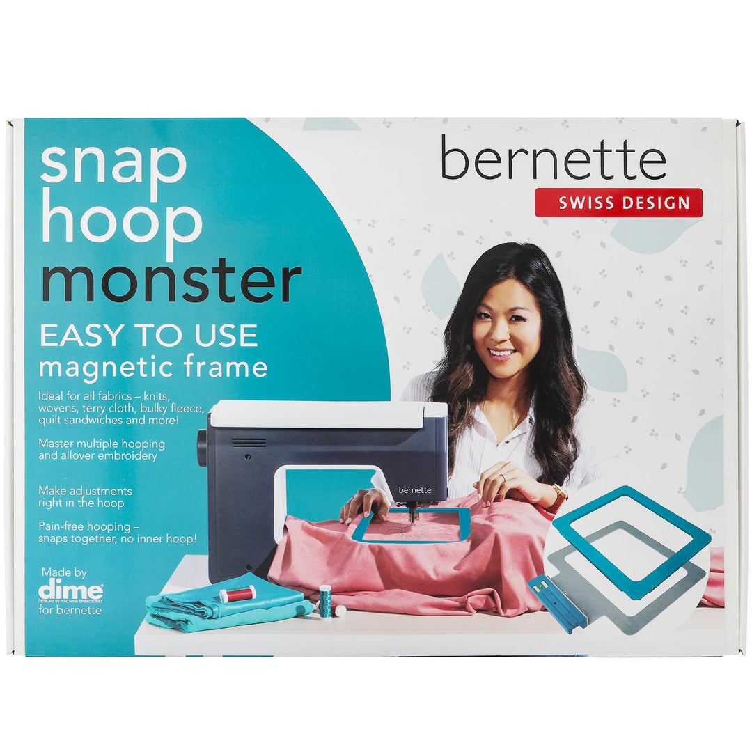 Box for bernette snap hoop monster magnetic frame with a woman using it.