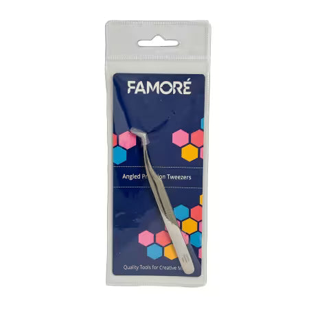 Metal tweezers with a plastic cap in a bag with a navy card with colorful hexies. 