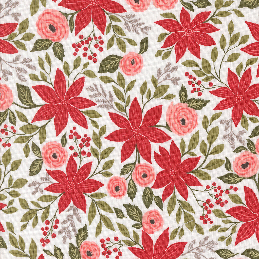 fabric swatch with red poinsettias, pink florals, and greenery on a white background