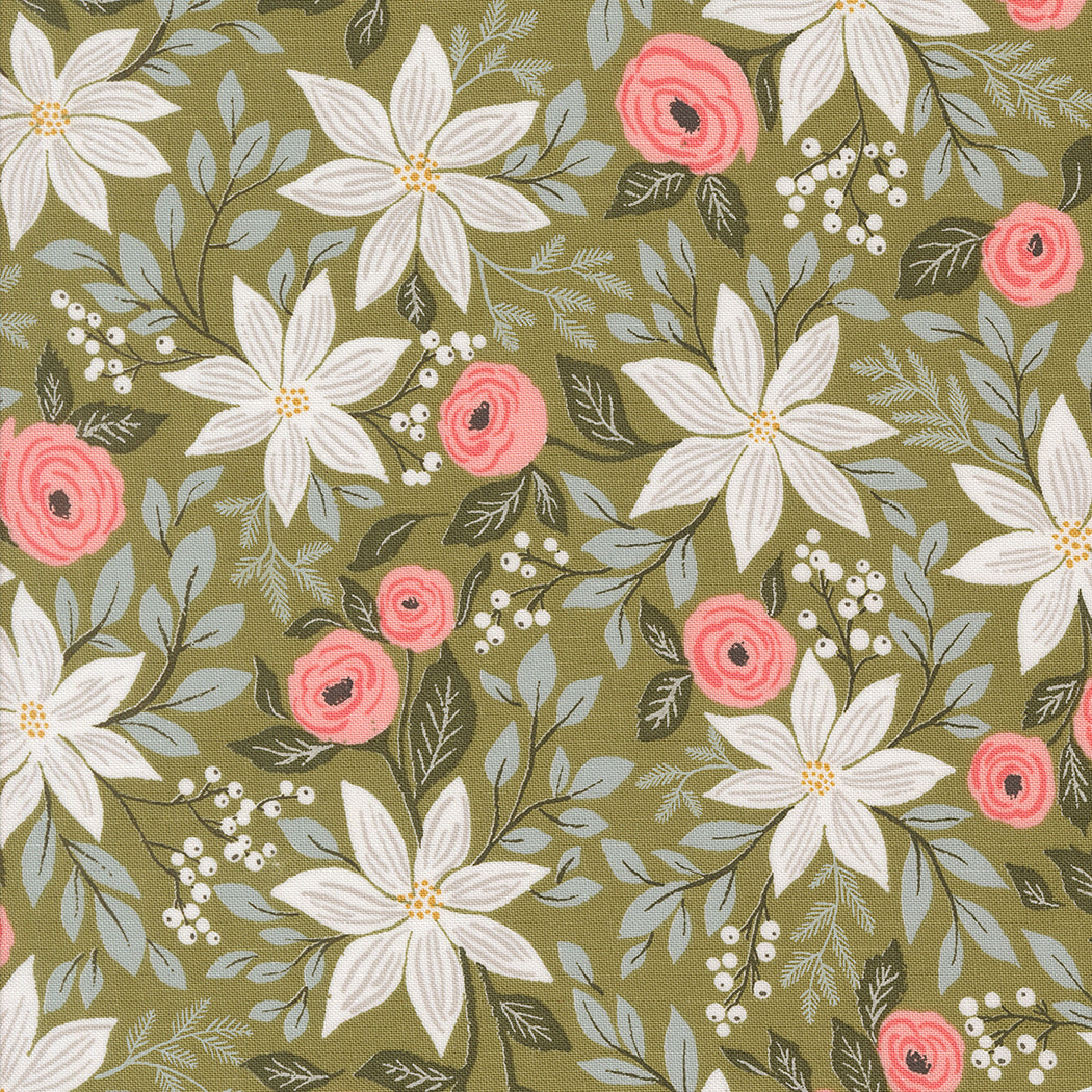 fabric swatch with white poinsettias, pink florals, and greenery on a sage green background
