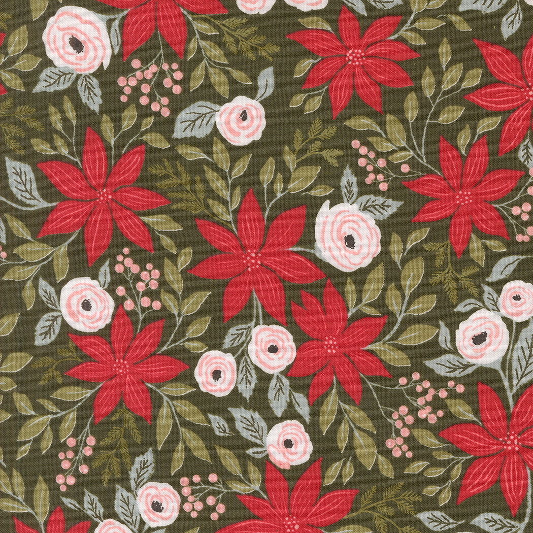 fabric swatch with red poinsettias, pink florals, and greenery on a dark green background