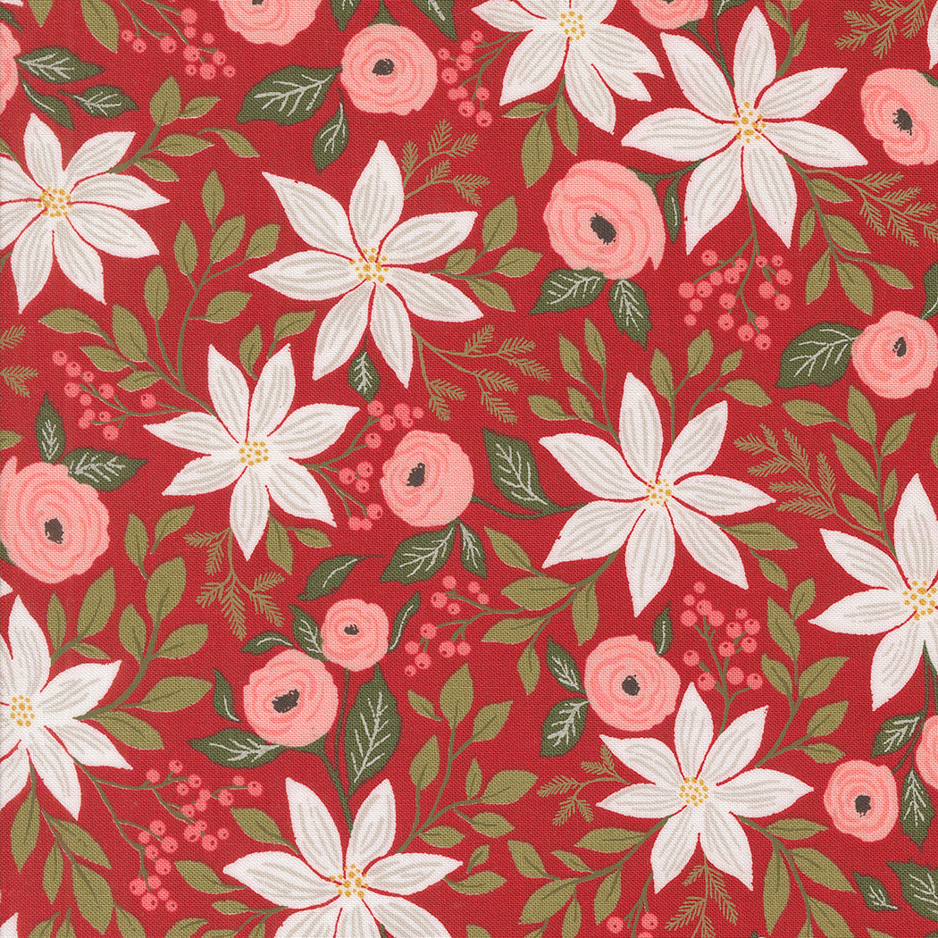 fabric swatch with white poinsettias, pink florals, and greenery on a red background