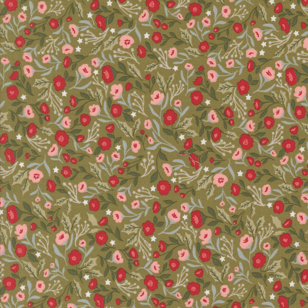 fabric swatch with small red and pink posy flowers and greenery on a sage green background