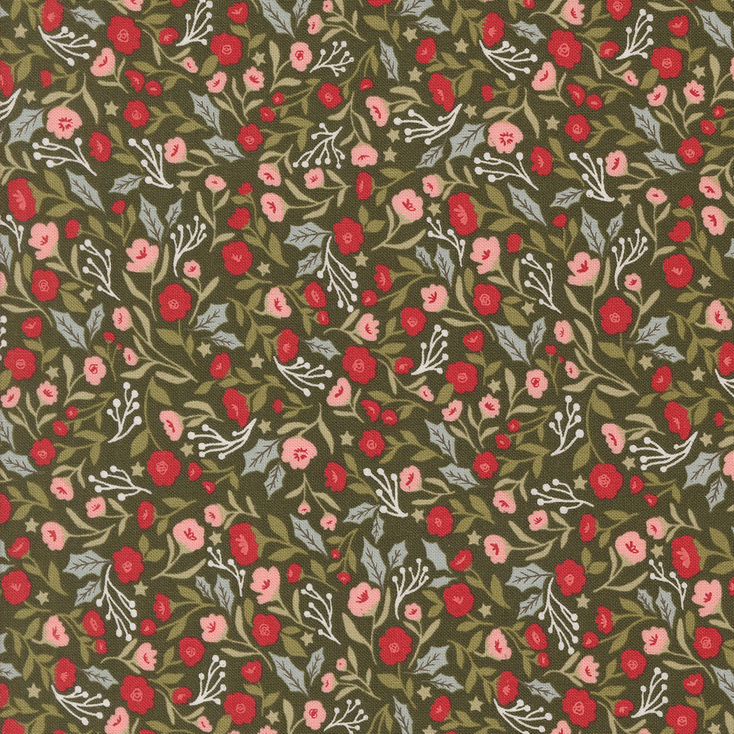 fabric swatch with small red and pink posy flowers and greenery on a dark green background