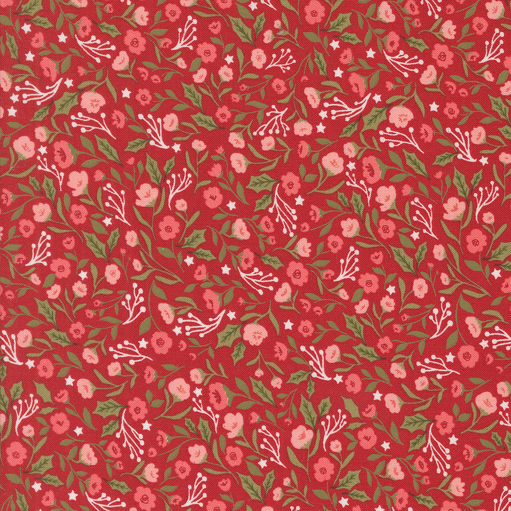 fabric swatch with small red and pink posy flowers and greenery on a darker red background