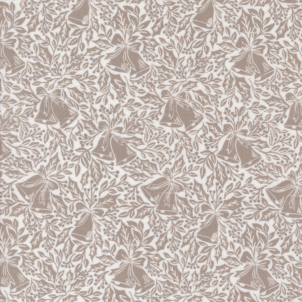 fabric swatch with a geometric bell and holly vine pattern in gray on a white background