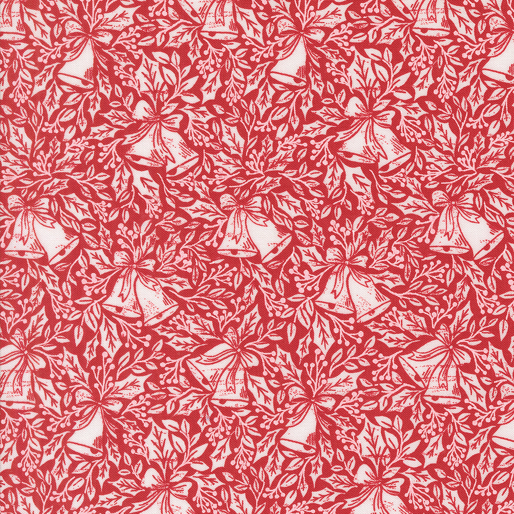 fabric swatch with a geometric bell and holly vine pattern in white on a red background