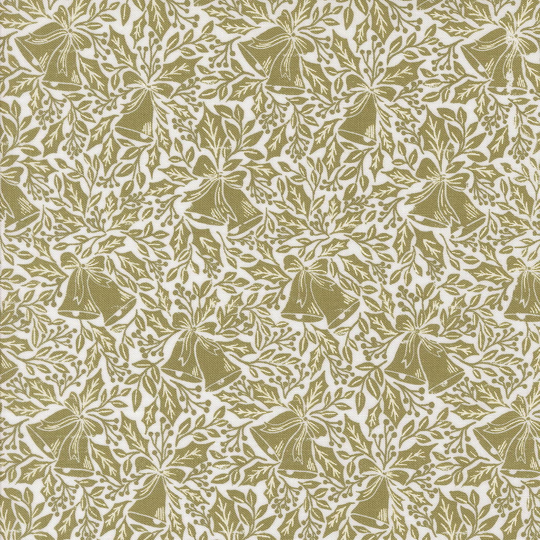 fabric swatch with a geometric bell and holly vine pattern in sage green on a white background