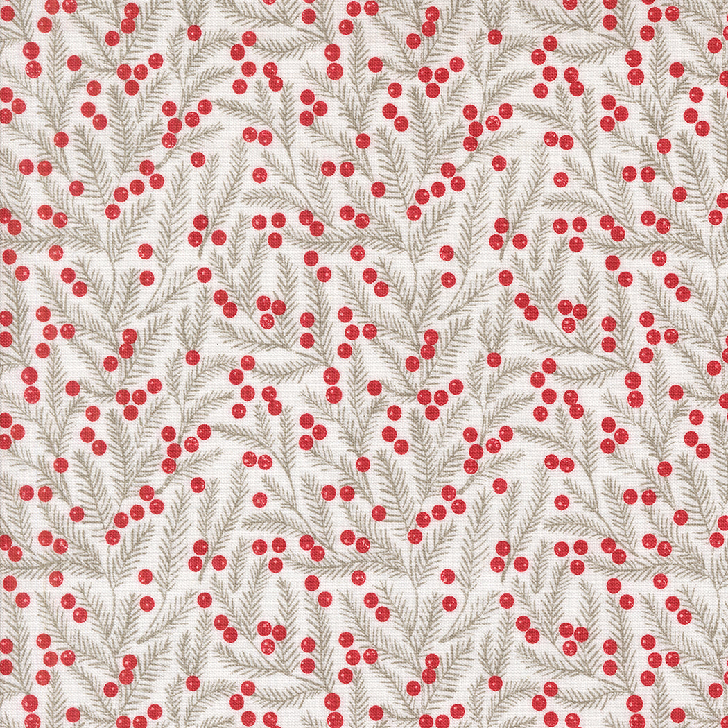 fabric swatch with a gray pine needle print sprinkled with red berries all on a white background