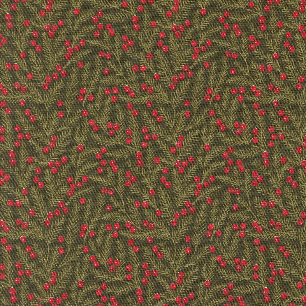 fabric swatch with a light green pine needle print sprinkled with red berries all on an evergreen background
