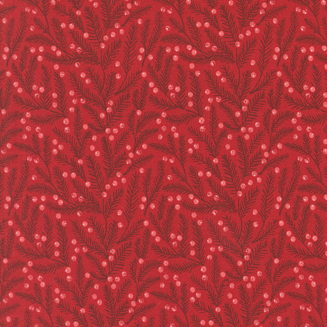 fabric swatch with a gray pin needle print sprinkled with red berries all on a darker christmas red background