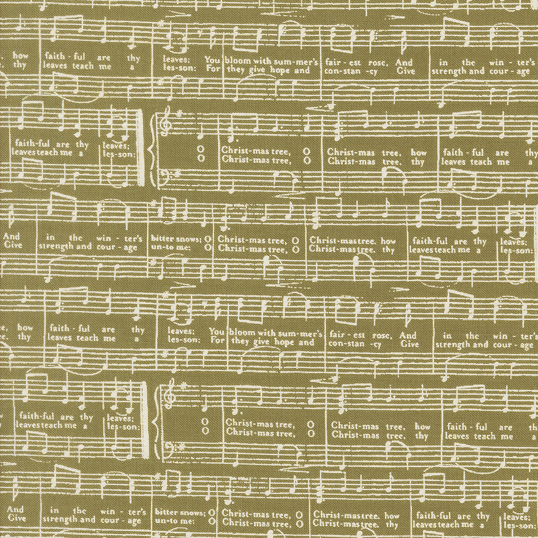 fabric swatch with a white print of sheet music for the song "O Christmas Tree" on a sage green background