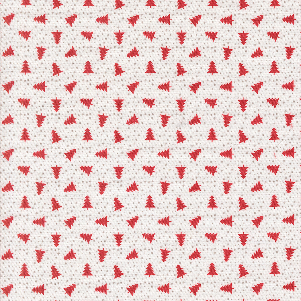 fabric swatch with a pattern of small red silhouettes of Christmas trees and gray dots on a white background