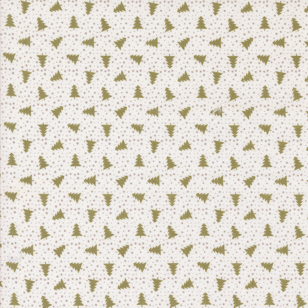 fabric swatch with a pattern of small green silhouettes of Christmas trees and gray dots on a white background