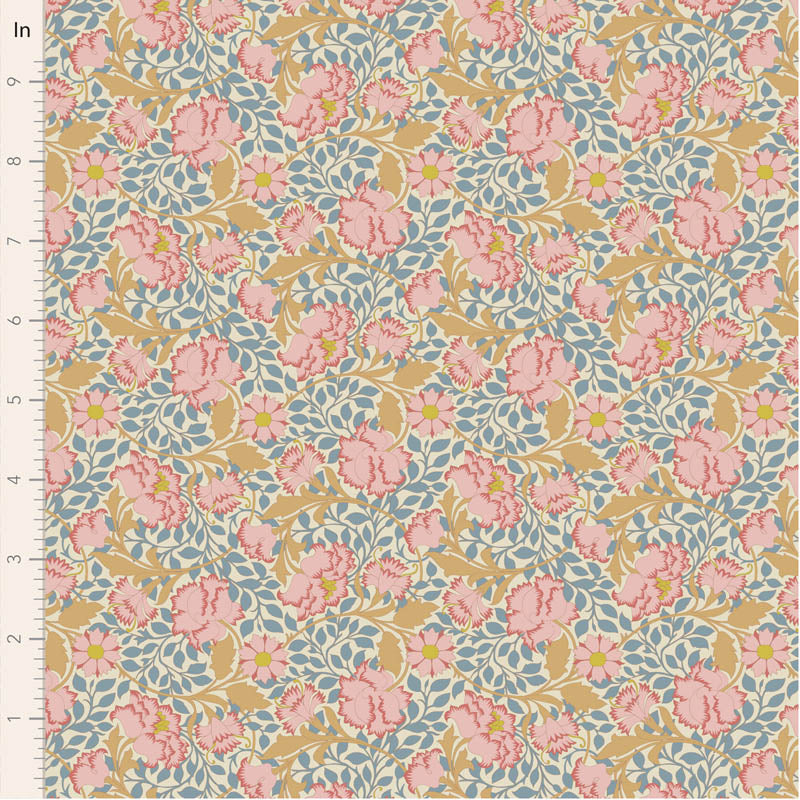 Floral patterned fabric with pink flowers on a beige and blue background, measured in inches.