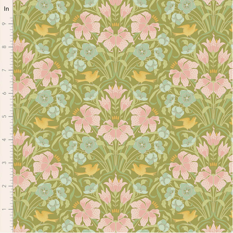Floral and bird patterned fabric with a ruler for scale on the side.