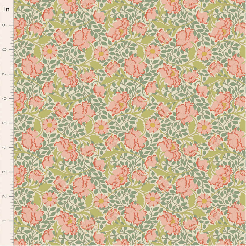 Floral pattern with pink flowers and green leaves on a fabric swatch.