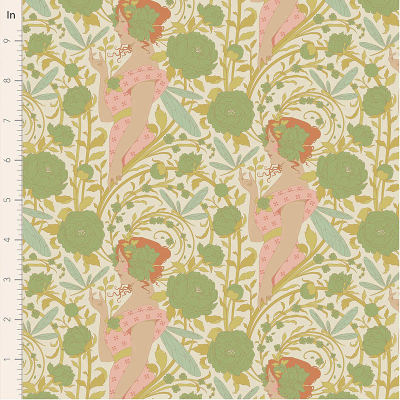 Patterned fabric with women in pink dresses and green foliage