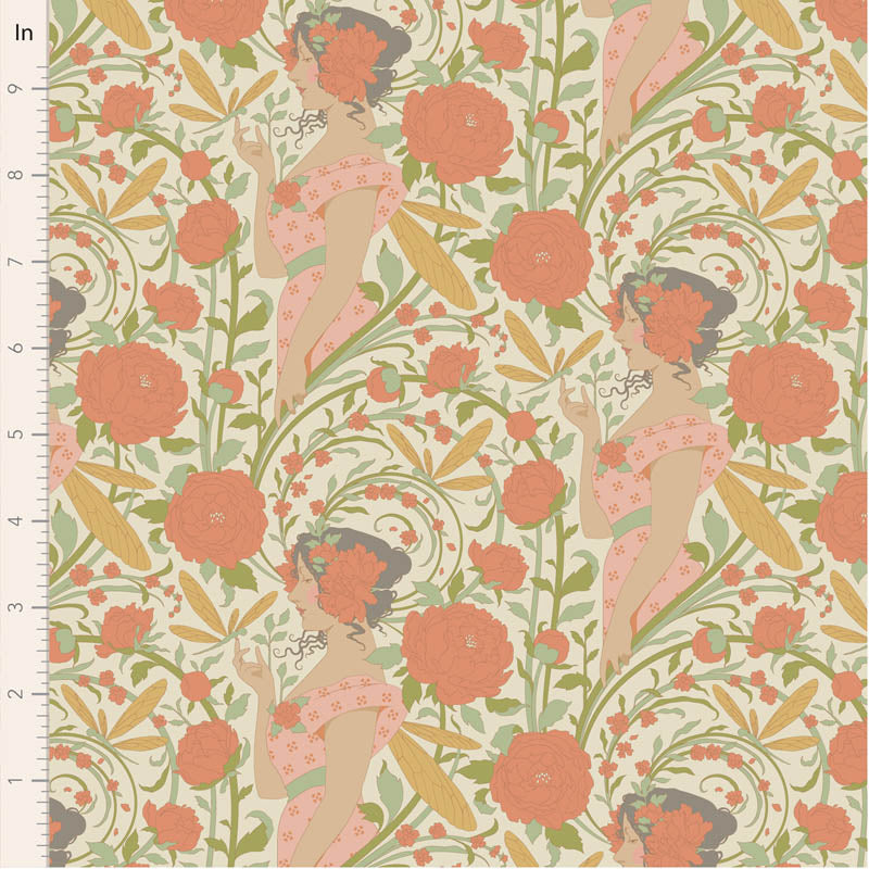 Patterned fabric with women and flowers, featuring a ruler for scale.