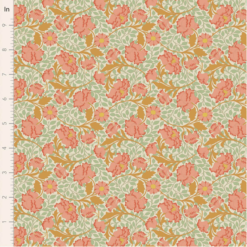 Floral patterned fabric with pink flowers and green leaves on a light background, measured against a ruler.