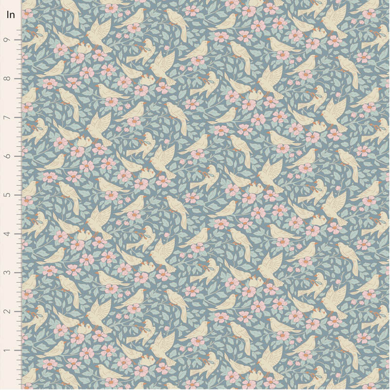 Patterned fabric with birds and flowers on a blue background