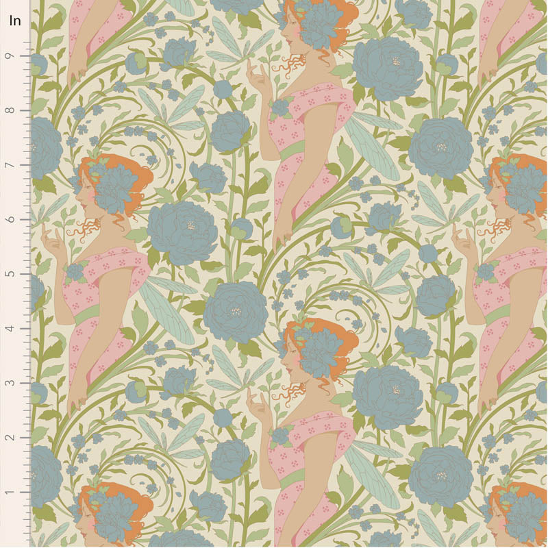Patterned fabric with women and flowers, measured in inches.