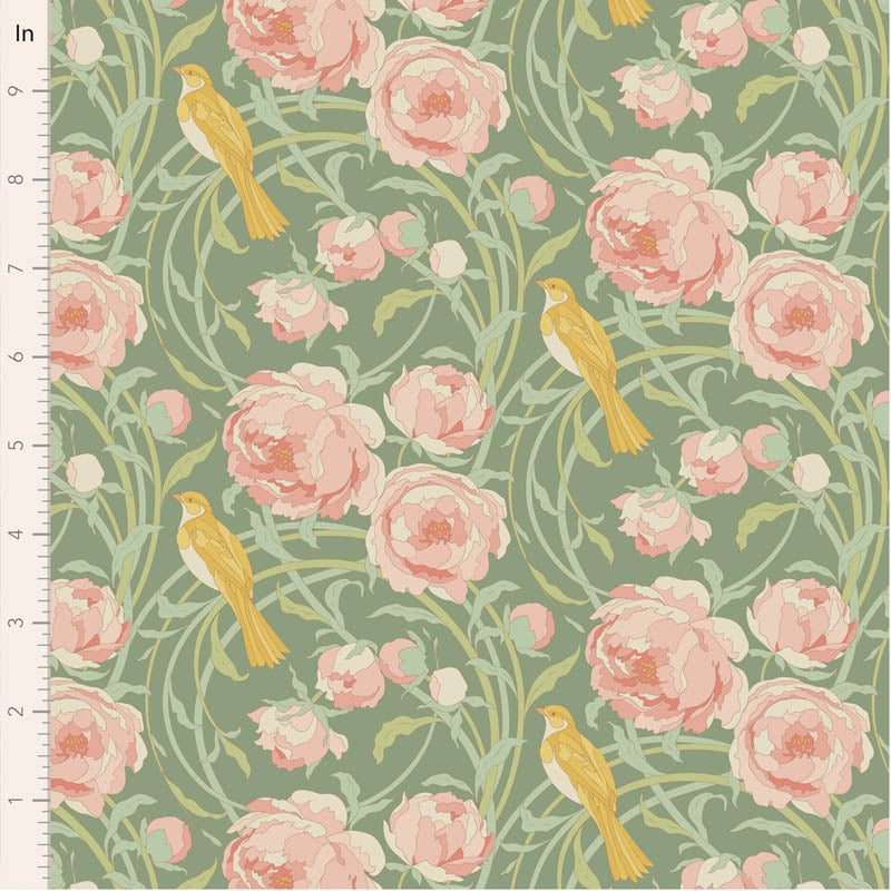 Floral and bird pattern on fabric with a ruler for scale.