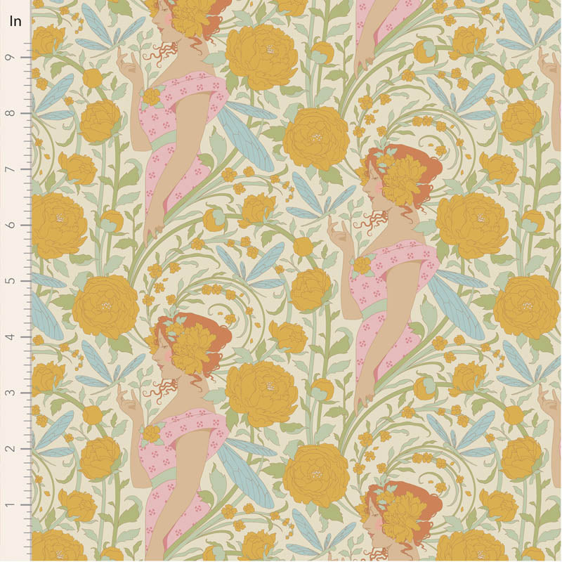 Patterned fabric with women in pink swimsuits and yellow flowers on a beige background.