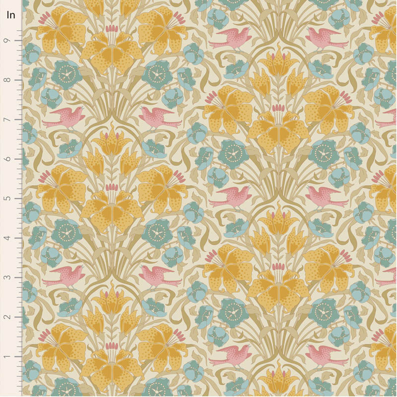 Patterned fabric with flowers and birds on a beige background, measured in inches.