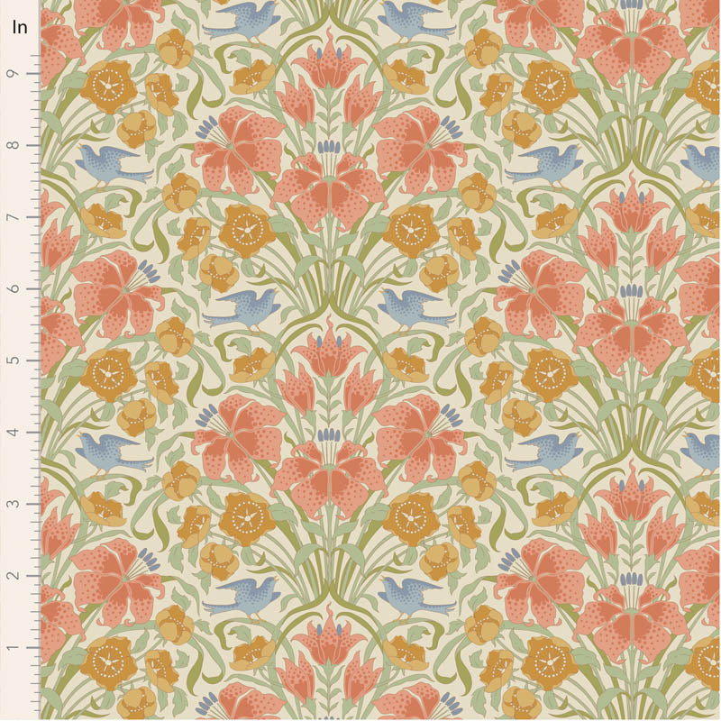 Floral and bird patterned fabric with a ruler for scale