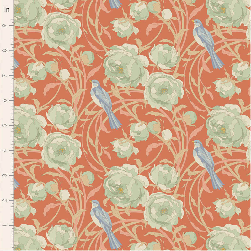 Fabric with floral and bird pattern on a coral background