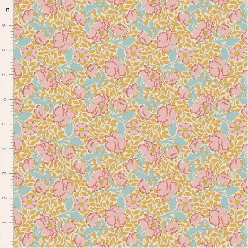 Floral patterned fabric with pink and yellow flowers on a blue background, measured in inches.
