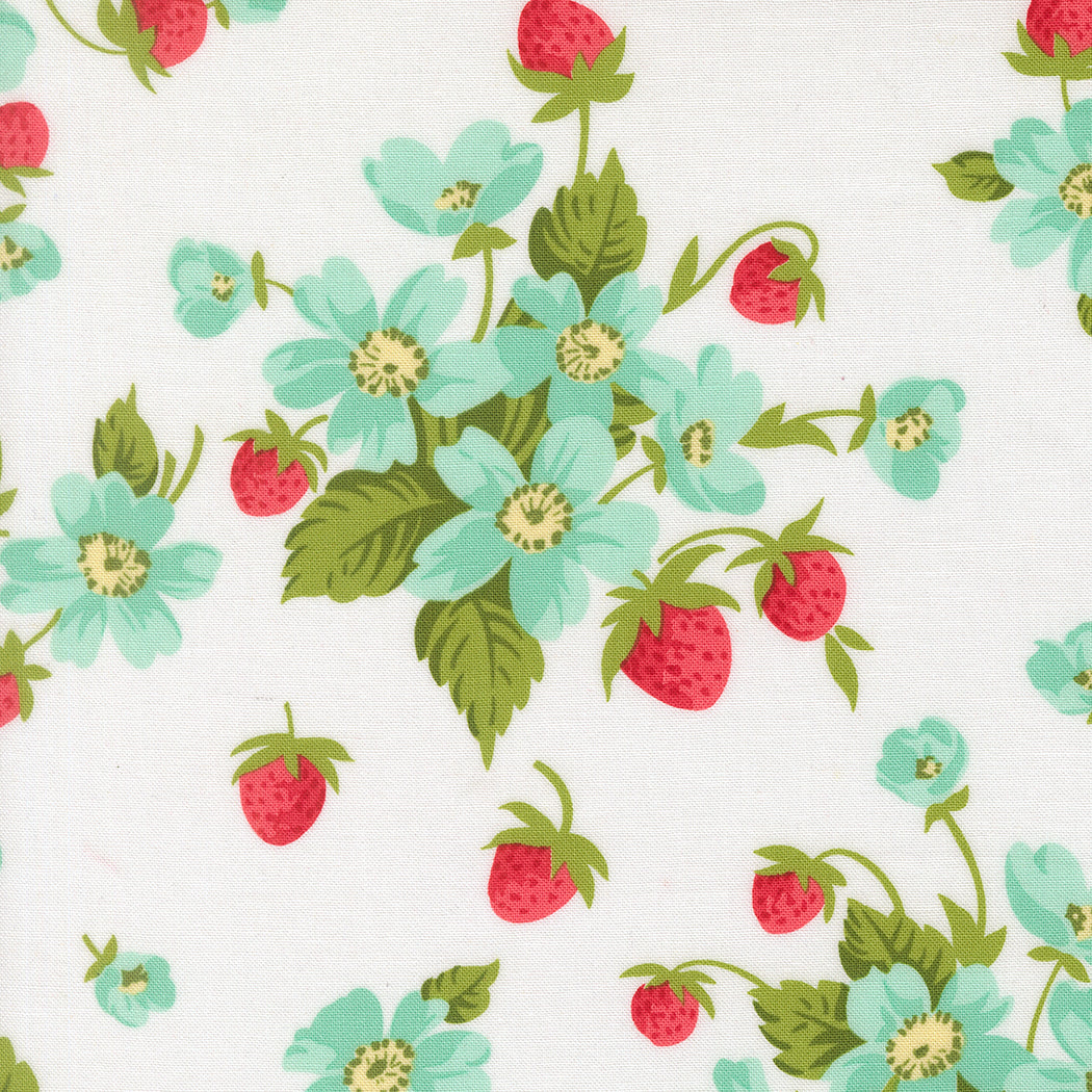Pattern of strawberries and flowers on a white background