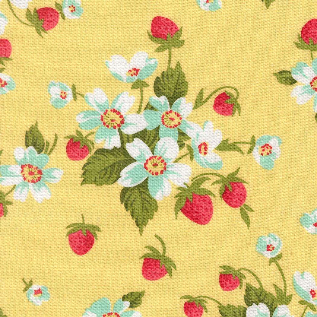 Floral and strawberry pattern on a yellow background