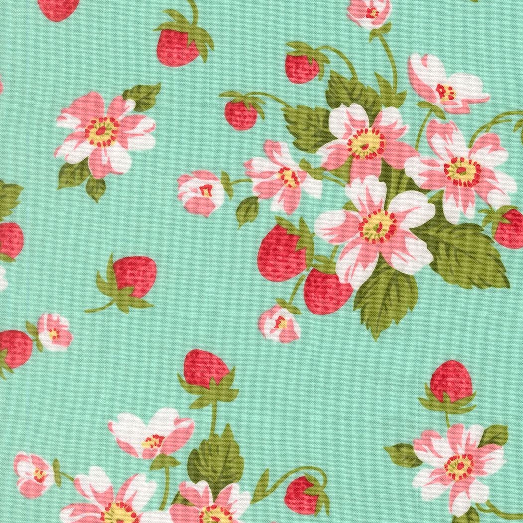 Pattern of pink flowers and red strawberries on a teal background