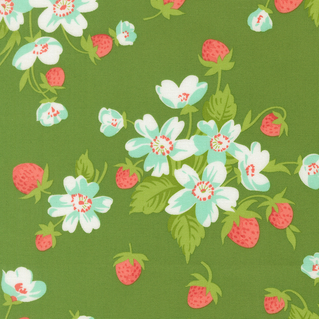 Floral and strawberry pattern on a green background