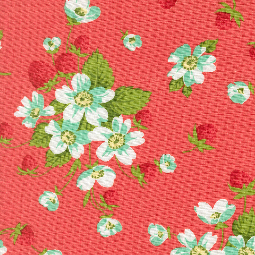 Pattern of white flowers and red strawberries on a red background