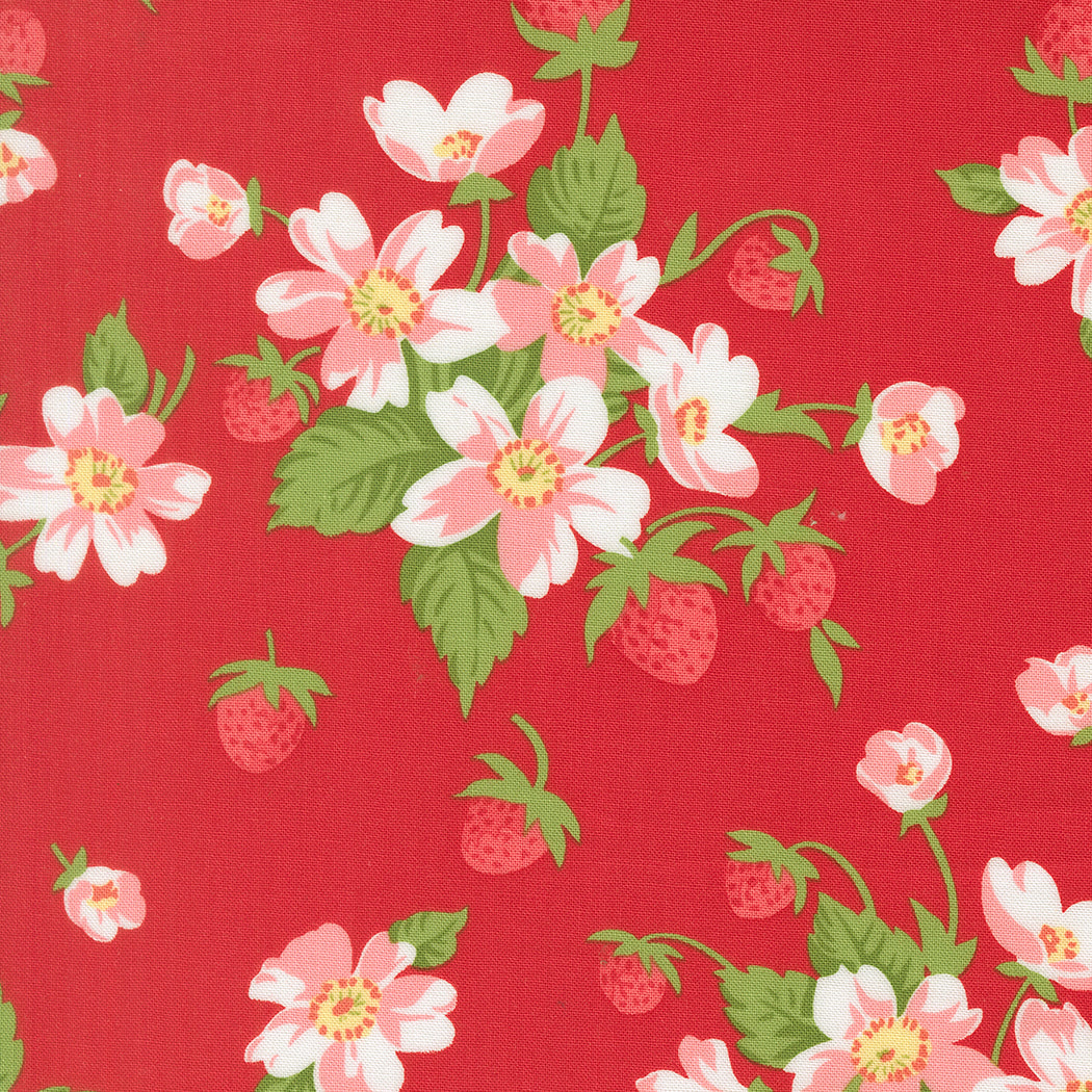Floral and strawberry pattern on a red background