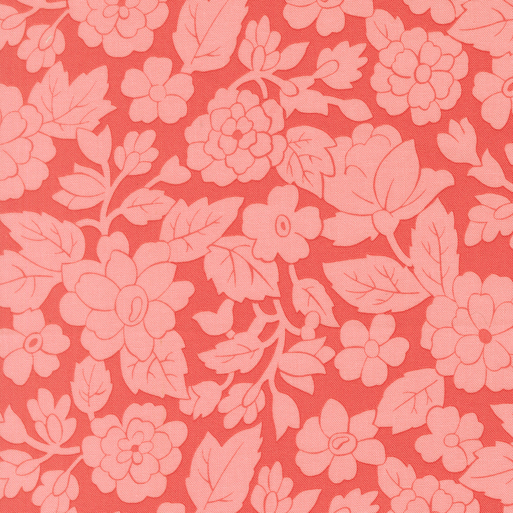 Floral pattern with pink flowers and leaves on a red background