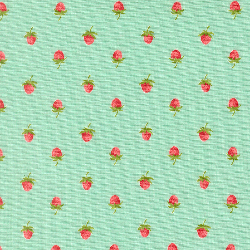 Pattern of red strawberries with green leaves on a light blue background
