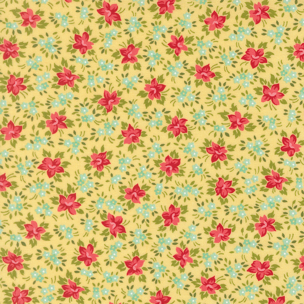 Floral pattern with red flowers and green leaves on a yellow background