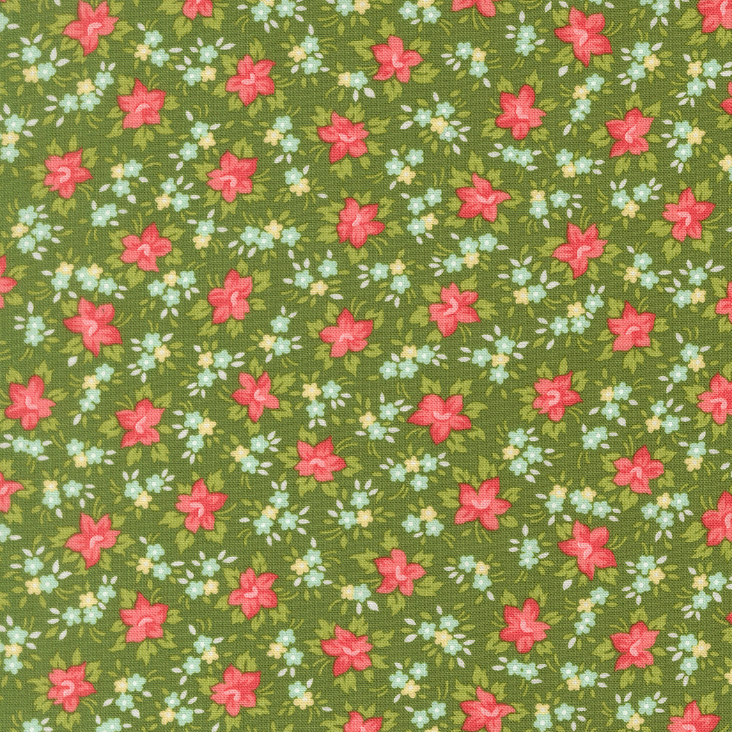 Floral pattern with pink flowers and green leaves on a green background