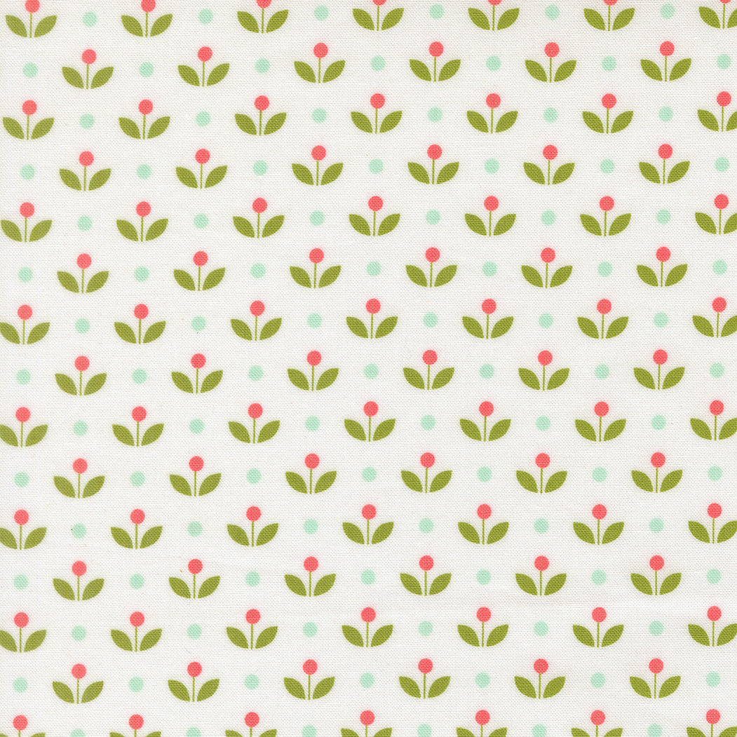 Pattern of small pink flowers and green leaves on a light background